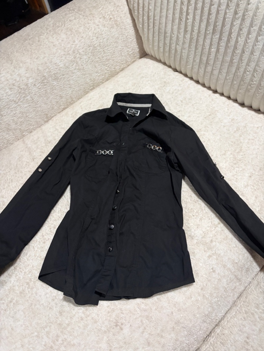 Express Black Men's Long-Sleeve Button-Down Shirt with Chain Pocket Accents